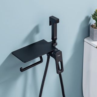 Гигиенический душ со смесителем Raglo R51.55.06 с полкой и бумагодержателем чёрный